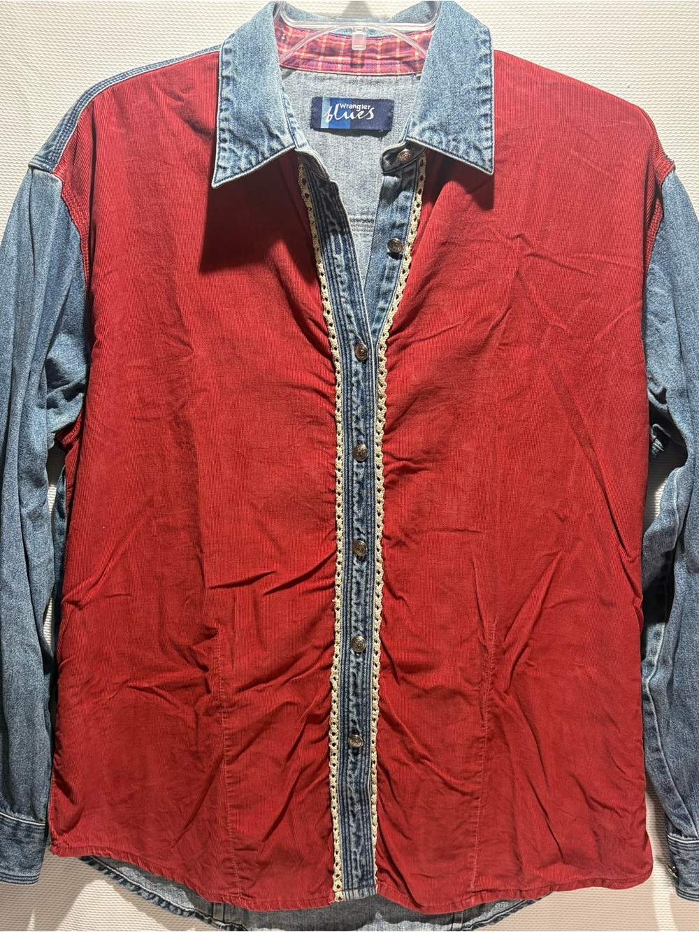 Wrangler Red Body with Denim-Sleeve Button Jacket